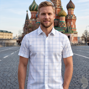 J.Hampstead Moretti Premium Egyptian Collection with 100% Giza Cotton White Checkered Pattern Unstitched Shirt Fabric of 1.6 mts - Made In Italy / VV2762