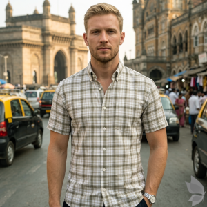 J.Hampstead Moretti Premium Egyptian Collection with 100% Giza Cotton Beige (Tan) Checkered Pattern Unstitched Shirt Fabric of 1.6 mts - Made In Italy / VV2769