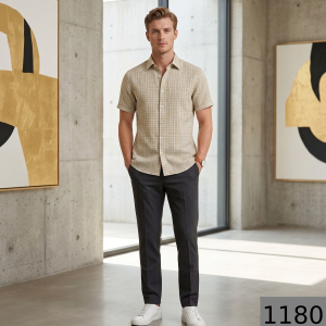 Siyaram's 100% Linen Cotton Beige Checkered Unstitched Shirt Fabric of 1.60 Mts / VV1180