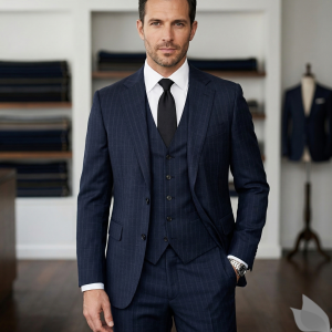 Raymond 100% Pure Wool (All Wool) Striped Navy Blue Color Unstitched Suit Fabric - 3.5 Mts / VV2070