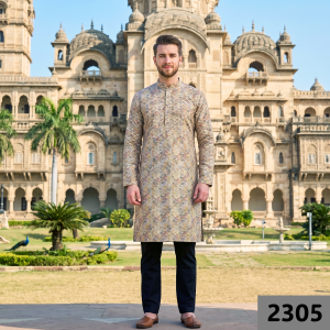 Siyarams festive collection printed pattern with hemp blended Gold (Amber) color unstitched men's Kurta / sherwani / top fabric of 2 meters / VV2305
