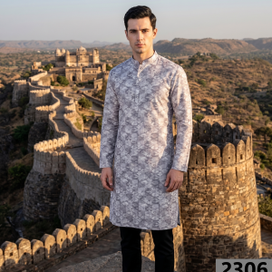 Siyarams festive collection printed pattern with hemp blended Grey (Umber) color unstitched men's Kurta / sherwani / top fabric of 2 meters / VV2306