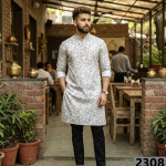 Siyaram's festive collection printed pattern with hemp blended White color unstitched men's Kurta / sherwani / top fabric of 2 meters / VV2308