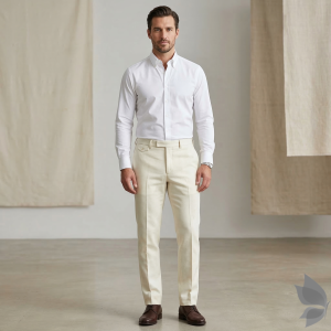 Raymond Revolution Collection with Super 100's wool count & 60% Sustainable wool rich fabric Beige colour Striped Unstitched Trouser fabric of 1.3 Mts / VV2665
