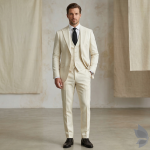 Raymond Revolution Collection with Super 100's wool count & 60% Sustainable wool rich fabric Beige colour Striped Unstitched Suit fabric of 3.5 Mts / VV2666