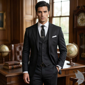 Raymond "Capezio" collection Super 70's merino wool, wool rich blend Black gabardine weave solid unstitched suit fabric of 3.5 Mts / VV2680