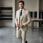 Raymond Champions Collection made from Super 90's wool stretch for ultra fit Beige checkered unstitched suit fabric of 3.5 Mts / VV2688