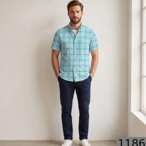 J. Hampstead Premium 100% Giza Cotton Blue Checkered Shirt Fabric 1.6 Mts / VV1186