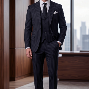 Raymond 100% Pure Wool (All Wool) Navy Blue Color Striped with Stretch Unstitched Suit Fabric - 3.5 Mts / VV2012