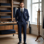 Raymond 100% Pure Wool (All Wool) Jacquard Navy Blue Color Unstitched Suit Fabric - 3.5 Mts / VV2055