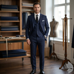 Raymond 100% Pure Wool (All Wool) Jacquard Navy Blue Color Unstitched Suit Fabric - 3.5 Mts / VV2060