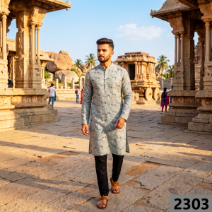Siyarams festive collection printed pattern with hemp blended Green (Celadon) color unstitched men's Kurta / sherwani / top fabric of 2 meters / VV2303