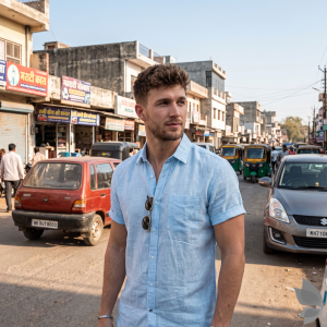 J.Hampstead Moretti 100% Pure Linen Fabric from "The Luxury Club of Italian Fusion Linen" with Light Blue (Sky Blue) Colour Plain Pattern Unstitched Shirt Fabric of 1.6 mts / VV2409