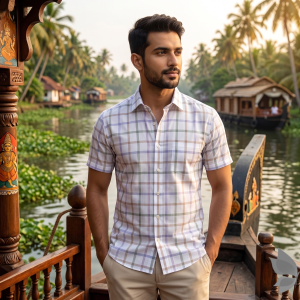 J.Hampstead Moretti Premium Egyptian Collection with 100% Giza Cotton White Colour Checkered Pattern Unstitched Shirt Fabric of 1.6 mts / VV2425