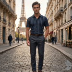 J.Hampstead Moretti Premium Egyptian Collection with 100% Giza Cotton Green Colour Striped Pattern Unstitched Shirt Fabric of 1.6 mts - Made In Italy / VV2549