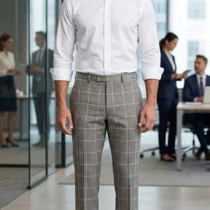 Raymond Australian Merino wool blend with Smart Stretch and made from Fine Merino Wool Checkered Pattern Beige colour Unstitched Trouser Fabric of 1.25 meters / VV2595