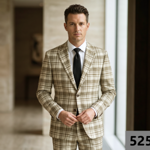 Raymond Wool Beige color Checkered pattern Unstitched Suit Fabric of 3 meters / VV5259